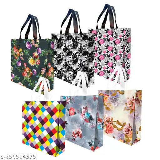 Laminated Printed Carry Bags For Shopping with Handles (Multicolors, 12 x 4 x 13 Inches) -Eco friendly material & Paper, Pack of 6