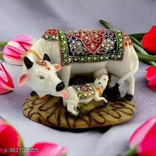 Kamdhenu Cow Murti Idol Good Shine Diamond work Hand Crafted Cow and Calf Idol - Springkart 