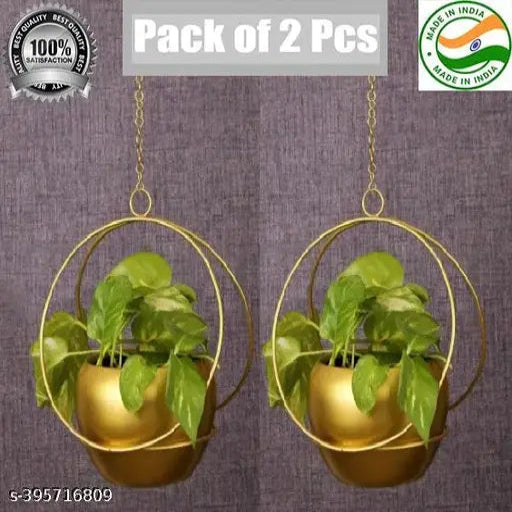 Handicrafts Metal Hanging Flower Pot (22x10x42 CM) (Pack of 2 Pcs) with Hanging Chain for Hanging & Decoration of Flowers with Gold Powder Coated Color Flower Pot for your Home & Garden Decoration.