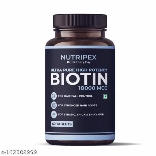 Biotin 10000mcg Tablets, Vitamin B7 dietary supplement for Hair Growth, Reduce Hair Fall, Strong Hair and Glowing Skin-60 Biotin Tablets