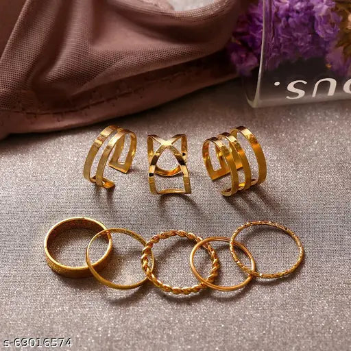 Stunning 8pcs Gold Plated 8 Piece Trendy Dailywear Western Designs Ring Set For Women and Girls.