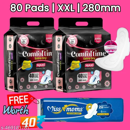 COMFORTIME MAXI Sanitary pads | XXL(80 PADS, 280mm) Extra Dry Pads | Combo & Pack of-2 | Period Pads(Sanitary Napkins) For Heavy Flow (WITH 6 FREE PADS)