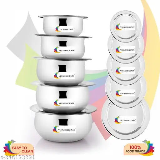 VIGNESHGENIX (5-Piece) Stainless Steel Kitchen Serving & Cooking Handi With Lid | Multi Purpose Cookware Bhaguna |Set of-1500ML,1100ML,800ML,600ML,400ML |Airtight Lids for Improved Food Safety (CIBA)