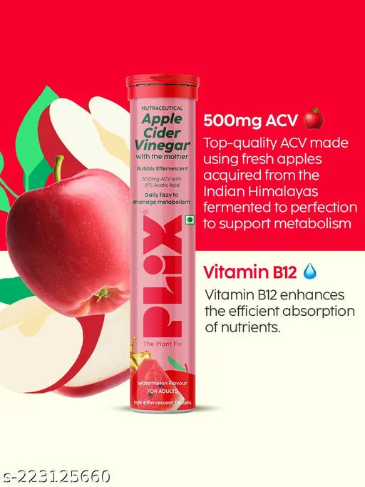 PLIX - THE PLANT FIX Apple Cider Vinegar 15 Effervescent Tablet with mother, Vitamin B6 & B12, Pack of 4 (Watermelon) No added Sugar, Easy to carry