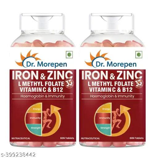 Dr. Morepen Iron & Zinc Tablets with Vitamin C & B12 for Immunity & Hemoglobin Boost - 60 Veg Tablets Pack of 2