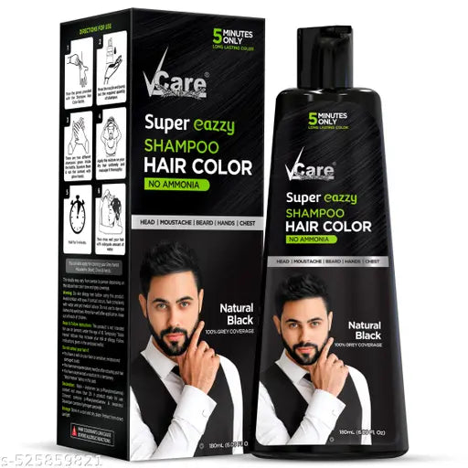 V Care Super Eazzy Hair Colour Shampoo for Women and Men 180ml | Only 5 Minute Root Hair Dye Coloring Kit Head, Moustache, Beard, Hands, Chest | No Parabens, Ammonia And Sulfates - Black
