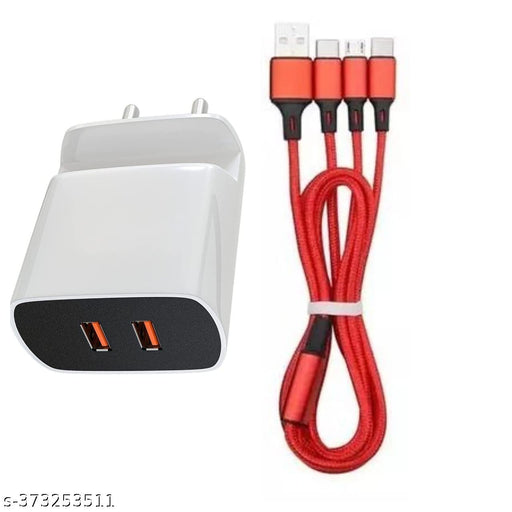 Dauble USB Mobile charger With 3 in 1 cable Micro type C Type and i phone cable And mobile charger double USB - Springkart 