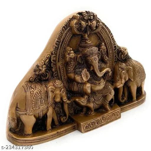 Metal wall hanging ganesh ji sitting on mushak with elephant pair decorative showpiece