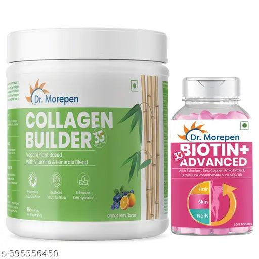 DR. MOREPEN Biotin+ for Hair Growth - 60 Veg Tabs & DR. MOREPEN Natural Collagen Builder, Orange berry Flavour - 250gm