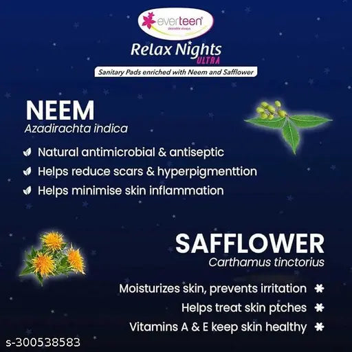 everteen XXL Relax Over Night Ultra Thin 40 Sanitary Napkin Pads with Neem and Safflower - 1 Pack (40 Pads, 320mm) - Springkart 