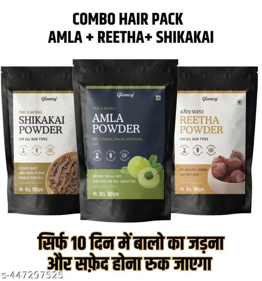 Glamzy 100% Natural Amla Reetha Shikakai Powder For Hair Care & Skin Care - 300G (Pack Of 3) - Springkart 