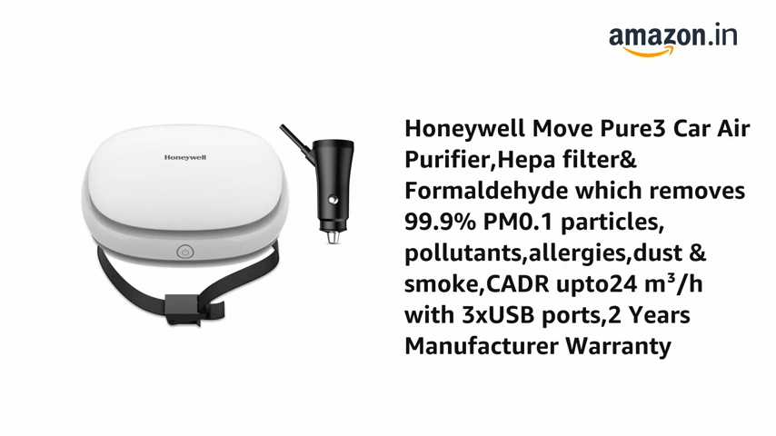 Honeywell Move Pure3 Car Air Purifier, Hepa filter & Formaldehyde which removes 99.9% dust & smoke, CADR upto24 m³/h with 3xUSB ports, 2 Years Manufacturer Warranty