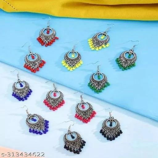 Six pair Combo of Traditional Ethnic Fancy Light Weight Silver Oxidised Jhumki Alloy Hoop Earring - Springkart 