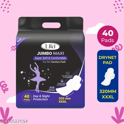 Extra Dry & Soft Antibacterial Sanitary Pads (100% leakage Proof Sanitary Napkins ) (Size - 320mm | XXXL) (1 Packet) (Total 40 Pads)