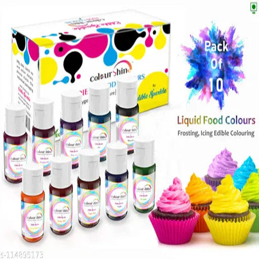 Edible Sparkle Colourshine Food Colouring Set of 10 Vibrant Liquid Food Colours | Food Colour for Cake Decor | Food Colours-Pea Green,Blue,Super Red,Raspberry,Hot Pink,Yellow,Orange,Grape Violet,Purple,Black| Each 25ml