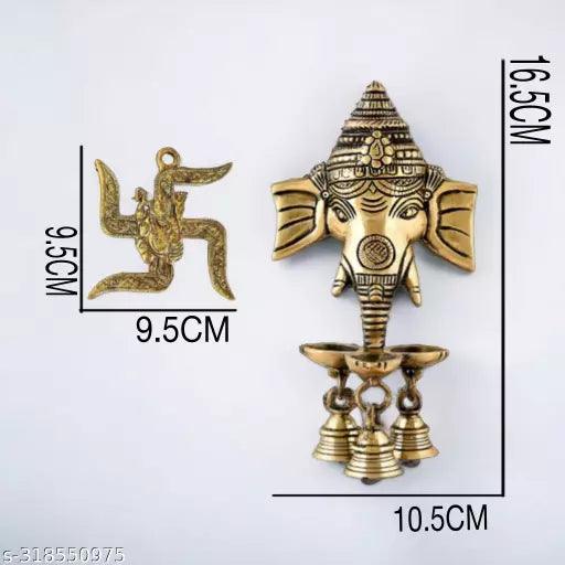 Wall Mounted Lord Ganesha Diya and Bells Oxidized White Metal Handcrafted Golden Sculpture Wall