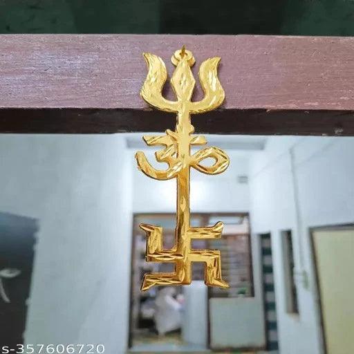 Metal Om Trishul Swastik Trishakti Yantra Door/Wall Hanging Brass