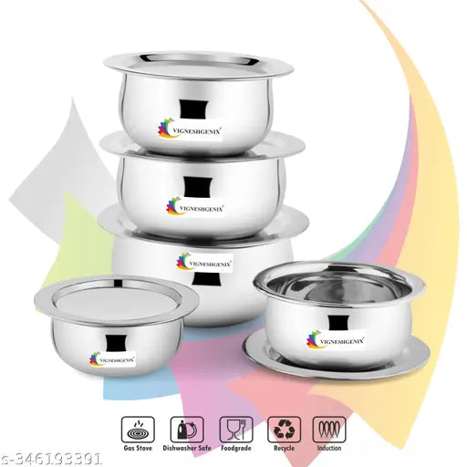 VIGNESHGENIX (5-Piece) Stainless Steel Kitchen Serving & Cooking Handi With Lid | Multi Purpose Cookware Bhaguna |Set of-1500ML,1100ML,800ML,600ML,400ML |Airtight Lids for Improved Food Safety (CIBA)