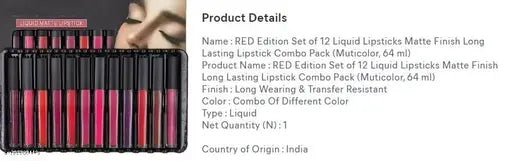 RED Edition Set of 12 Liquid Lipsticks Matte Finish Long Lasting Lipstick Combo Pack (Muticolor, 64 ml)