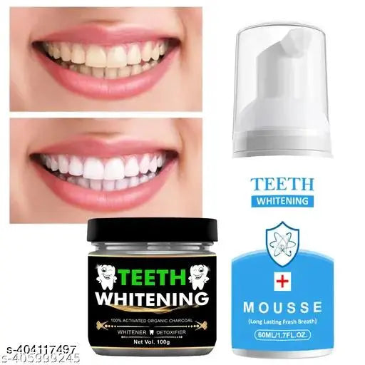Activated charcoal Tooth Powder For Teeth Whitening 100gm + Teeth Whitening Foam Toothpaste Makes You Reveal Perfect & White Teeth, Natural Whitening Foam Toothpaste Mousse with Deeply Clean Remove Stains-60m
