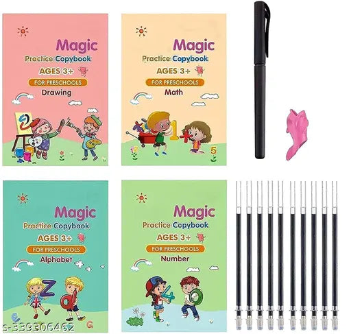 Magic Practice Copybook, (4 Book + 10 Refill+ 1 Pen +1 Grip) Number Tracing Book for Preschoolers with Pen, Magic Calligraphy Copybook Set Practical Reusable Writing Tool - Springkart 