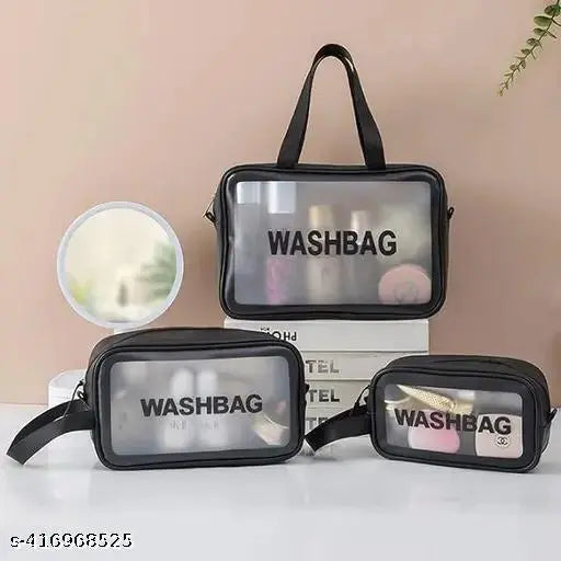 Premium Trio Stylish & Waterproof Makeup Pouch Set - 3 pcs Washbag Combo, Ideal Travel Organizer for Women. Versatile Toiletry Storage Bags, Perfect for Bath Accessories & Grooming Kit (Black)