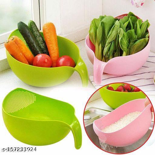 Rice Bowl Plastic Fruit Bowl Thick Drain Basket with Handle Strainer-(Green+Pink) - Pack Of 2 - Springkart 