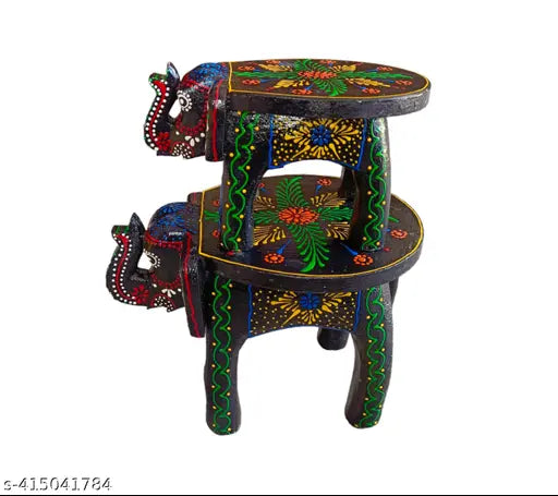 wooden painted elephant stool set of 2