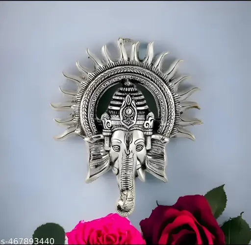 Silver Ganesh Kiran wall hanging home temple office and gift Lord Ganesha With Sun Decorative Metal