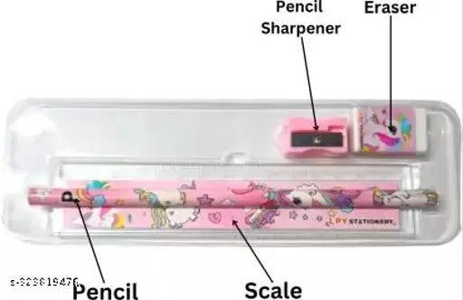 Attractive Set of 3 Cartoon Printed Stationery Metal Pencil Box with assorted stationery and Small window - Springkart 