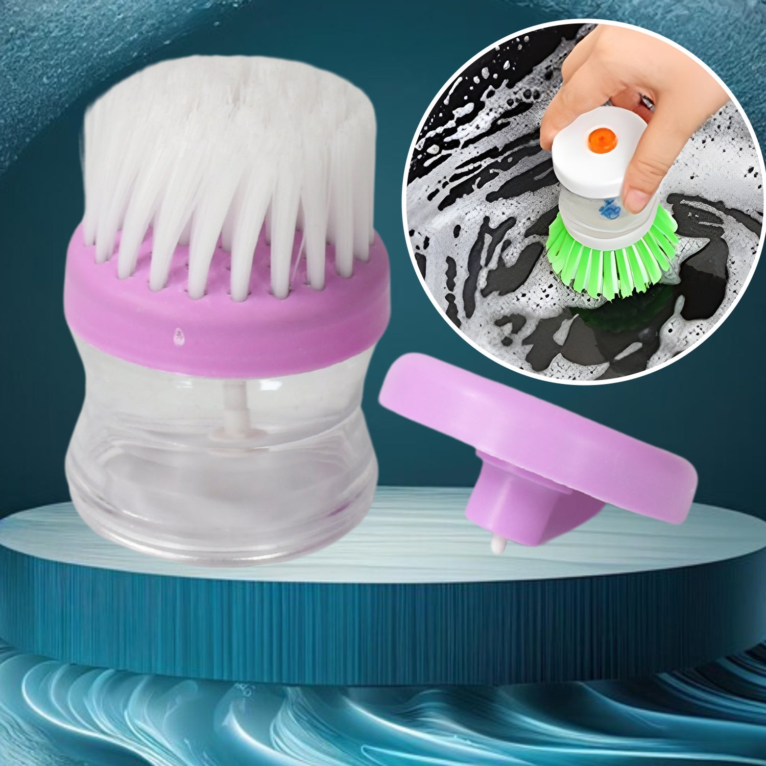 Plastic Wash Basin Brush Cleaner with Liquid Soap Dispenser (Multicolour) - Springkart 