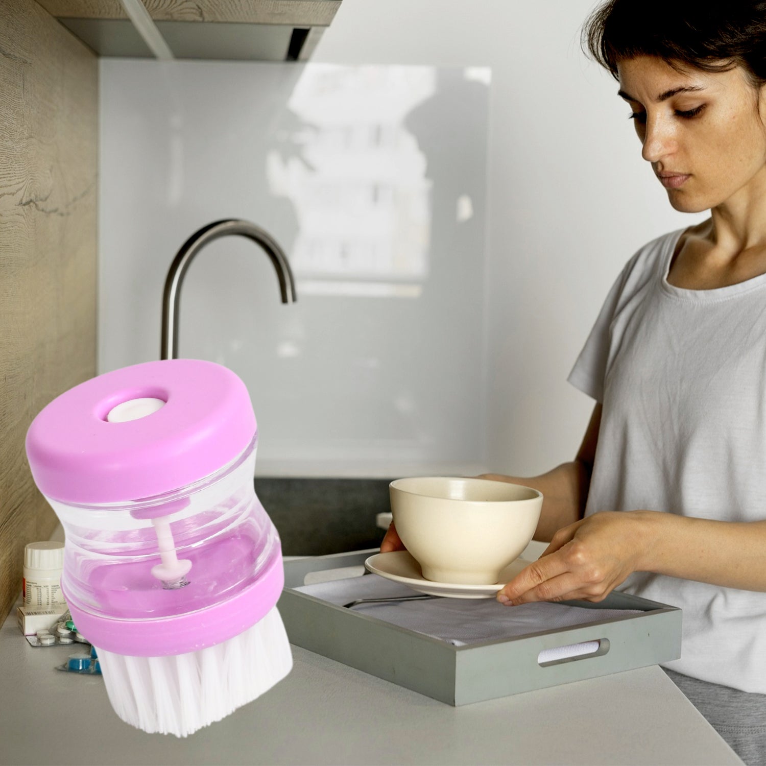 Plastic Wash Basin Brush Cleaner with Liquid Soap Dispenser (Multicolour) - Springkart 