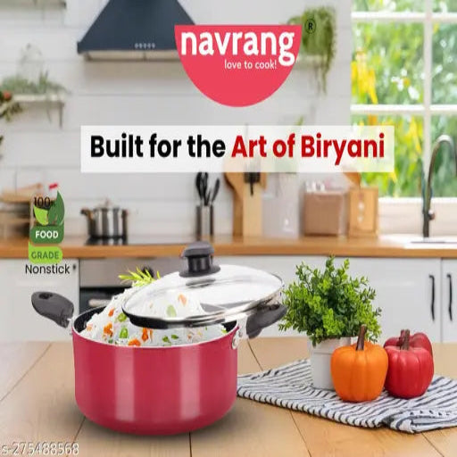 Navrang Nonstick Small Stewpan 180 With Glass Lid,2L Capacity, Red Color
