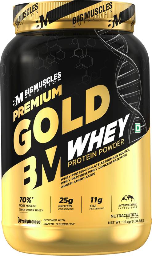 BIGMUSCLES NUTRITION Premium Gold Whey | 25g Isolate Protein Blend | ProHydrolase Enzyme Tech. Whey Protein (1.5 kg, Belgian Chocolate)
