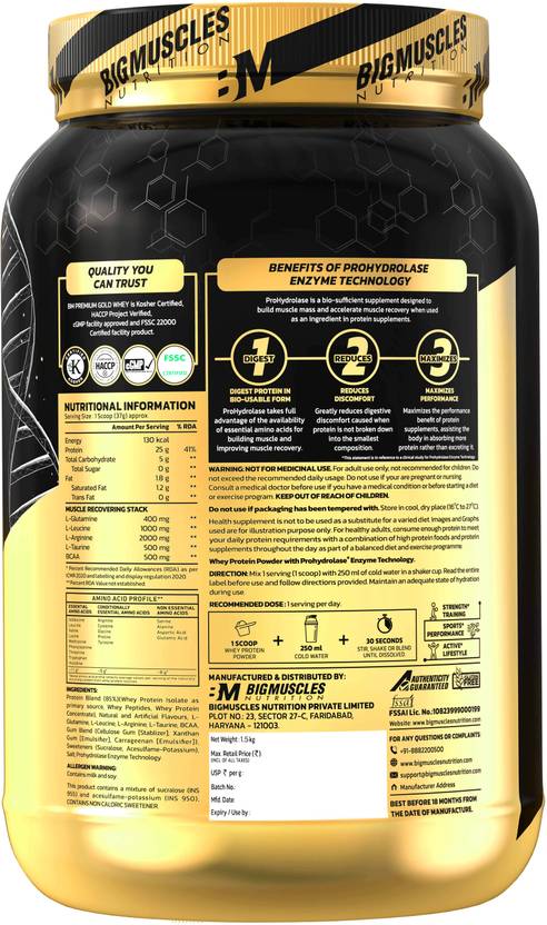 BIGMUSCLES NUTRITION Premium Gold Whey | 25g Isolate Protein Blend | ProHydrolase Enzyme Tech. Whey Protein (1.5 kg, Belgian Chocolate)