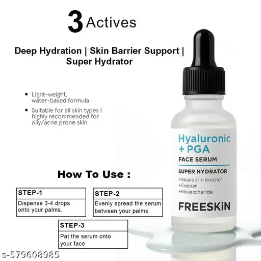 Freeskin Hyaluronic Acid + PGA Face Serum with Aquaporin Booster, Copper & Biosaccharide | Intense Hydration, Glowing Skin & Fine Line Care | Daily Use for Dry, Normal & Oily Skin | Unisex | 30ml