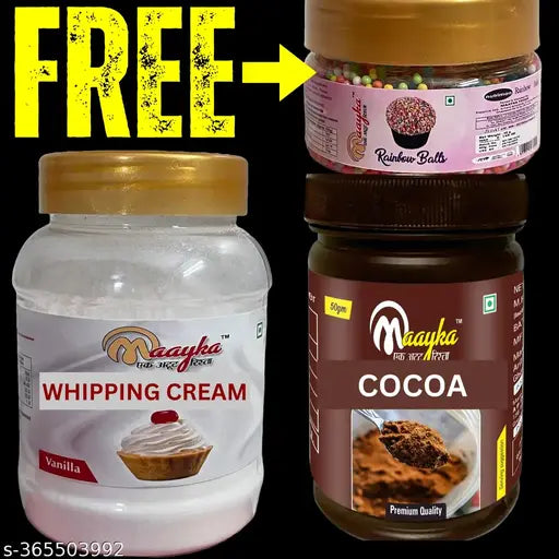 Maayka Premium | Vanilla Whipping Cream(125 Gram) ,  Cocoa Powder(50 Gram) & Rainbow Balls (50 Gram)