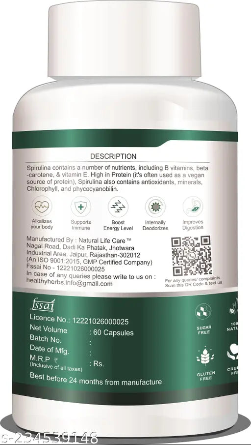 Healthy herbs Spriulina Capsule 100% Orgainc with 64% protein (Superfood) - For Men & Women - Springkart 
