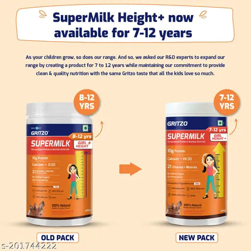 Gritzo SuperMilk Height+ (7-12y Girls), 10g Protein (Double Chocolate, 400g) | Zero Refined Sugar, 21 Vitamins & Minerals