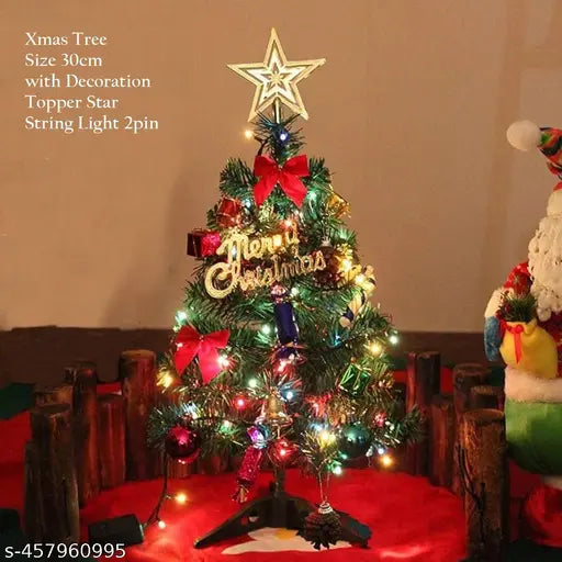 Christmas Tree with Hanging Ornaments , Topper Star, String Light Combo (Tree Size 30cm / 1 Feet)