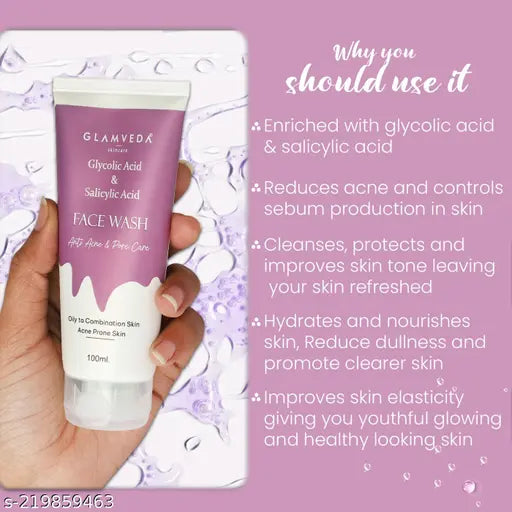 Glamveda Glycolic acid & Salicylic Acid Anti Acne face wash | Reduces acne scars & breakouts| Pimple Care | Oily & Acne Prone Skin | No Paraben, SLS | Pack of 2