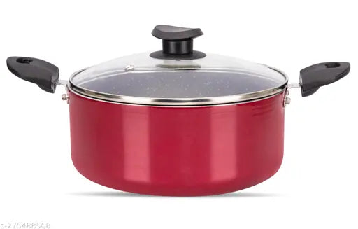 Navrang Nonstick Small Stewpan 180 With Glass Lid,2L Capacity, Red Color