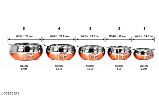 Stainless Steel Copper Bottom Handi/patila/Pot Biryani Punjabi Handi Set with Lid 5 Pieces Set (Capacity:- 0.5 L, 0.8 L, 1.2 L, 1.5 L, 1.8 L) Handi 0.5 L, 0.8 L, 1.2 L, 1.5 L, 1.8 L with Lid  (Stainless Steel, Copper, Induction Bottom)