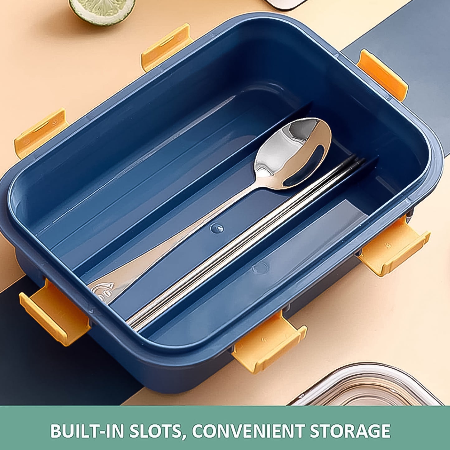 3 Compartment Transparent Stainless Steel Lunch Box With A Spoon And A Pair Of Chopsticks (1 Set) - Springkart 