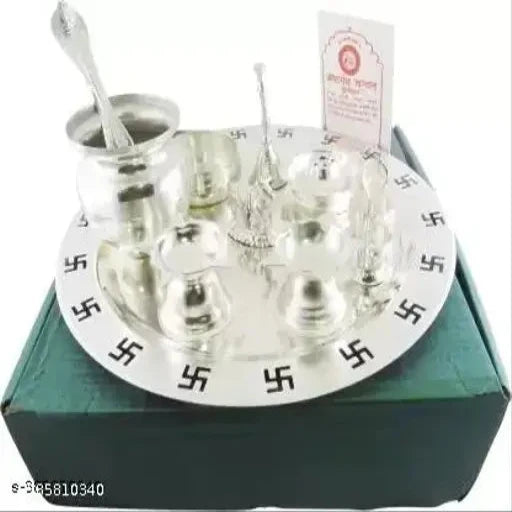 9 Inch Swastik Pooja Thali With Free Chandan, Silver Plated (9 Pieces, Silver)