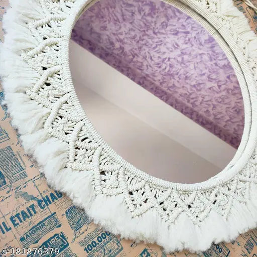 ALIF CREATIONS  Macrame Wall Mirror with Boho Fringes, Round Antique Mirror Frame Art, Bohemian Handmade Decor for Apartment, Living Room, Bedroom, Entryways