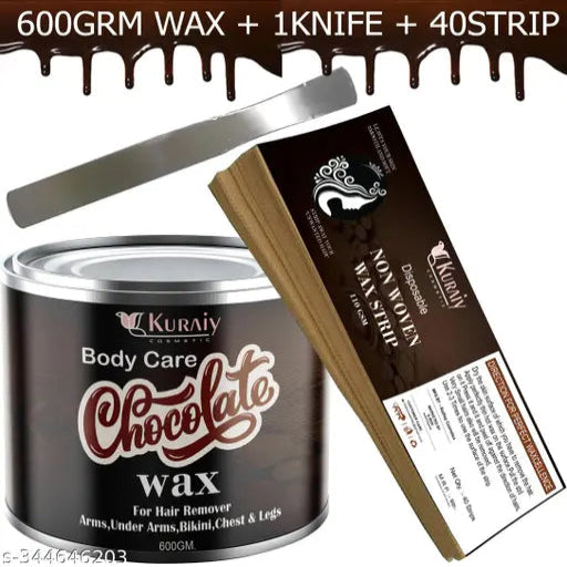KURAIY Chocolate Wax for Smooth Hair Removal - 600gm chocolate extracts + 40 Wax Strips +1 Steel Knife | For all skin types | Removes Tan, Dead Skin | For Arms, Legs and Full body