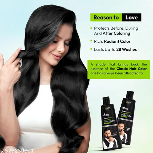 V Care Super Eazzy Hair Colour Shampoo for Women and Men 180ml | Only 5 Minute Root Hair Dye Coloring Kit Head, Moustache, Beard, Hands, Chest | No Parabens, Ammonia And Sulfates - Black