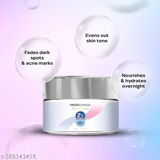 FACES CANADA Comfy Glow 2% Kojic Acid Night Cream - 25g | Brightens Skin | Fades Dark Spots & Acne Marks | Evens Out Skin | Nourishes & Hydrates | Gentle & Effective | Smooth Texture