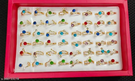 Pack of 48 Golden plated with Multicolor stones Rings for Girls, Women & Ladies(1 Box)